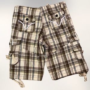 Vintage plaid cargo embroidered flap pocket tie tight mens shorts 36 min feng